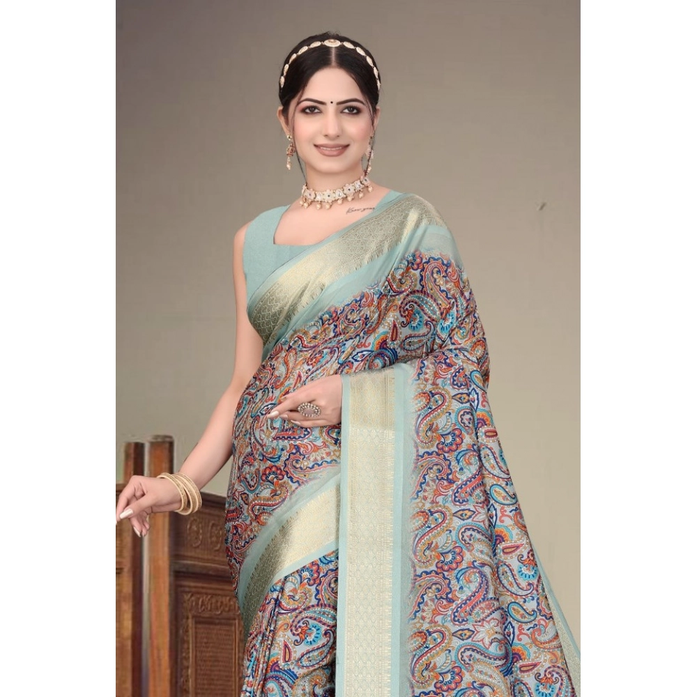 Generic Women's Cotton Silk Printed Saree With Unstitched Blouse 5.5Mtr (Multicolor) - Image 4