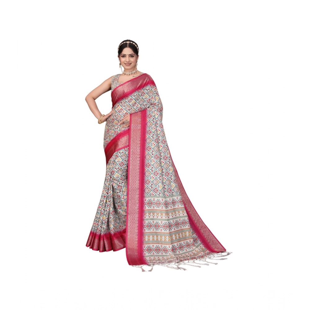 Generic Women's Cotton Silk Printed Saree With Unstitched Blouse 5.5Mtr (Pink)