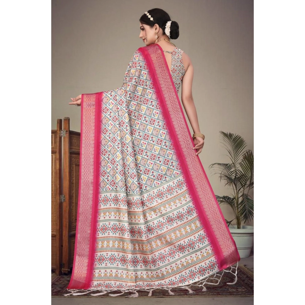 Generic Women's Cotton Silk Printed Saree With Unstitched Blouse 5.5Mtr (Pink) - Image 4