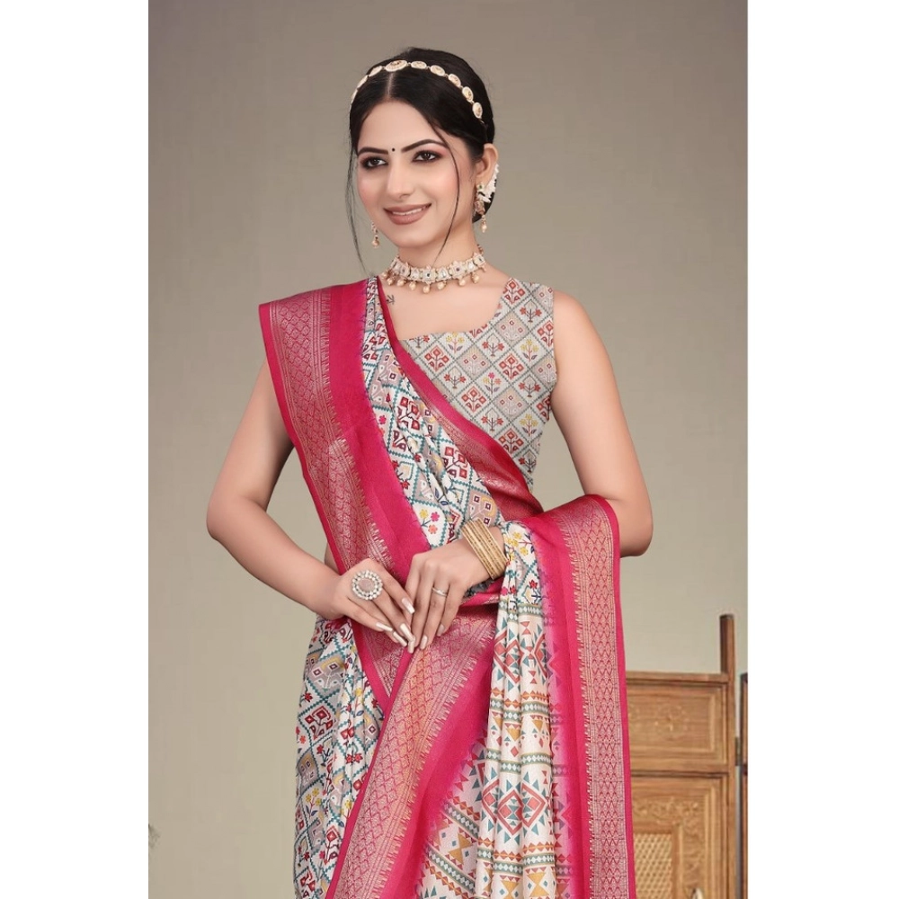 Generic Women's Cotton Silk Printed Saree With Unstitched Blouse 5.5Mtr (Pink) - Image 3