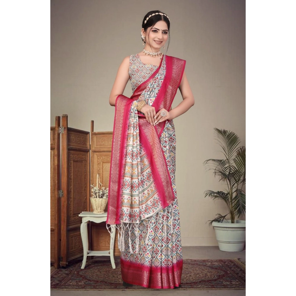 Generic Women's Cotton Silk Printed Saree With Unstitched Blouse 5.5Mtr (Pink) - Image 2