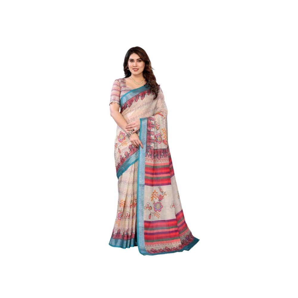 Generic Women's Linen Cotton Printed Saree With Unstitched Blouse 5.5Mtr (Cream)
