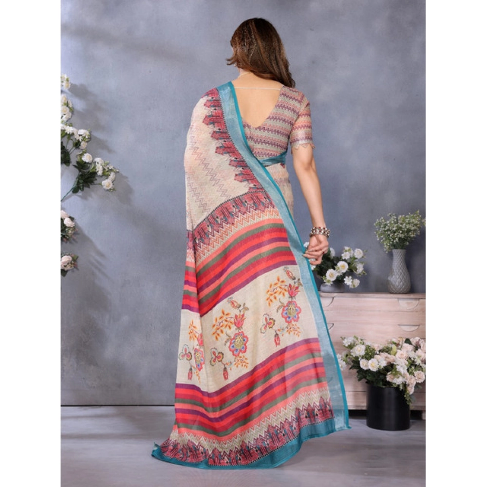 Generic Women's Linen Cotton Printed Saree With Unstitched Blouse 5.5Mtr (Cream) - Image 3