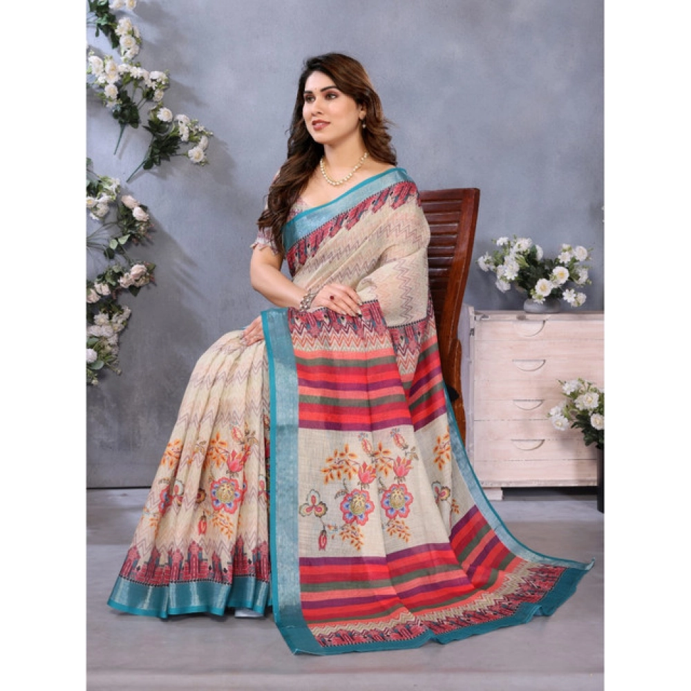 Generic Women's Linen Cotton Printed Saree With Unstitched Blouse 5.5Mtr (Cream) - Image 2