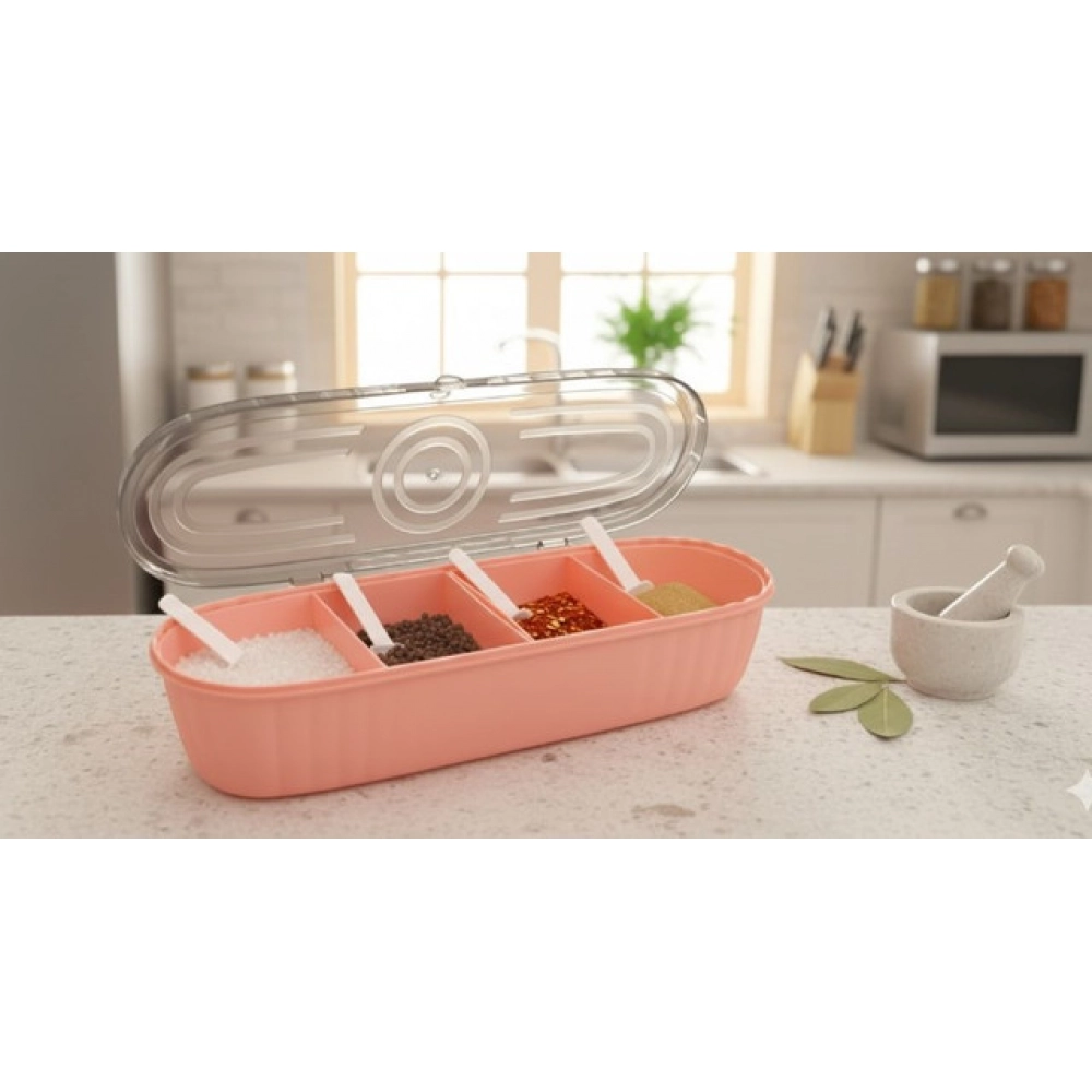 Generic Plastic 4 Grid Design Made In India Container with Spoon (Multicolor) - Image 4