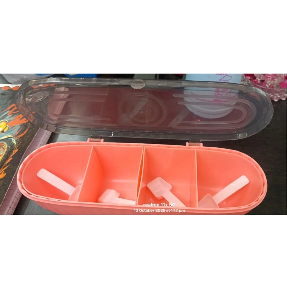 Generic Plastic 4 Grid Design Made In India Container with Spoon (Multicolor) - Image 2